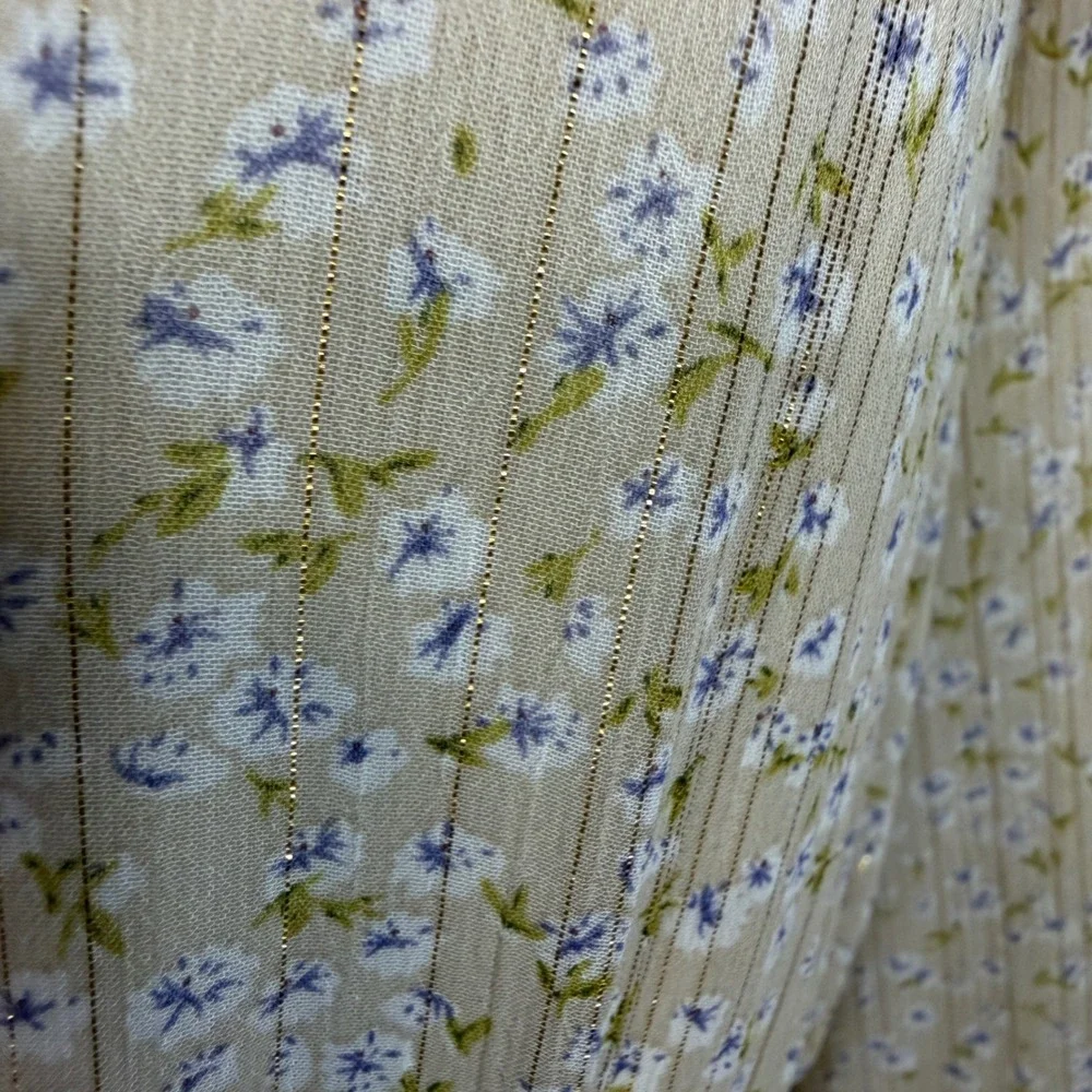 Whimsical Beige Microfloral Metallic Tiered Ruffled Prairie Maxi Dress LG o.p.t. - Picture 3 of 10